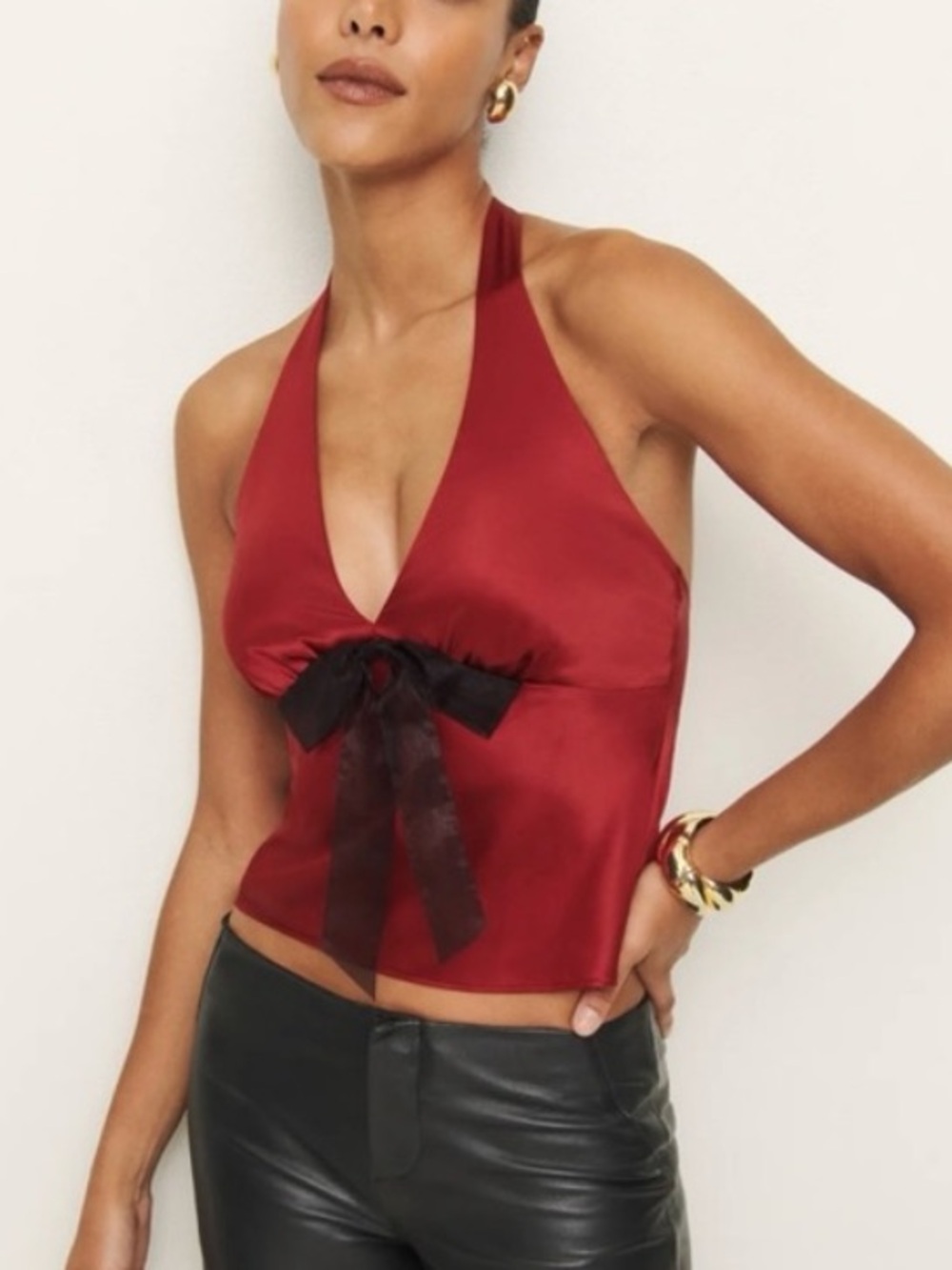 NWT Reformation Clarissa 100% Silk Halter Bow Top 10